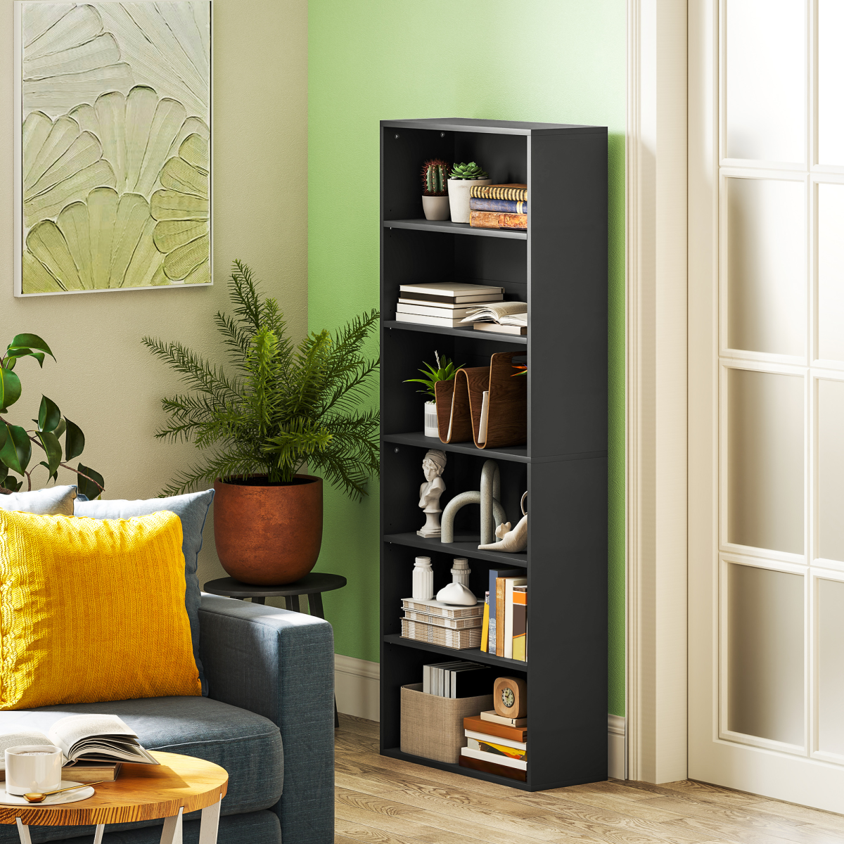 Elegant 6-Tier Adjustable Bookshelf - Stylish Black Freestanding Bookcase