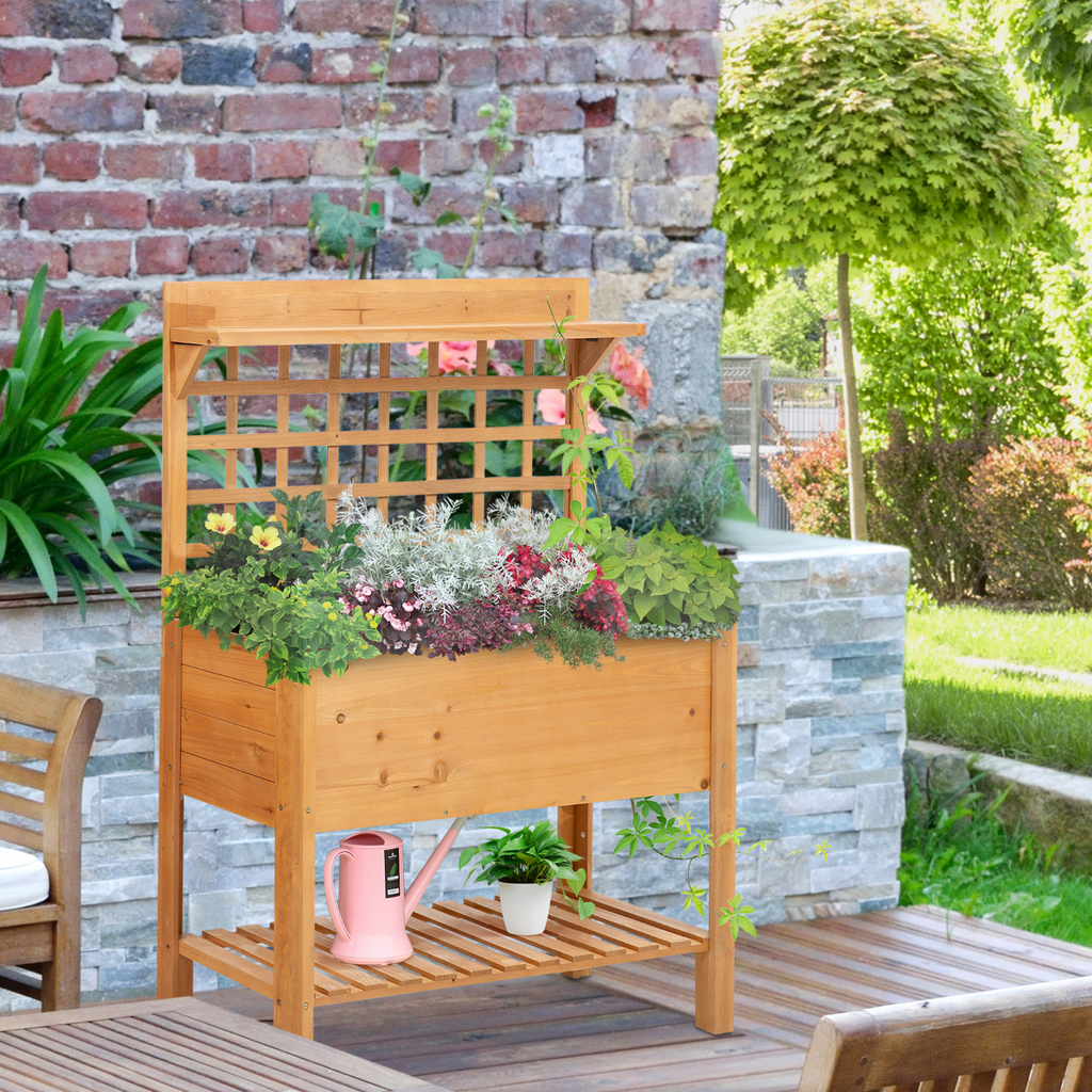 105x40x135cm Wooden Planter Raised Elevated Bed Planter Flower with 2 Shelves