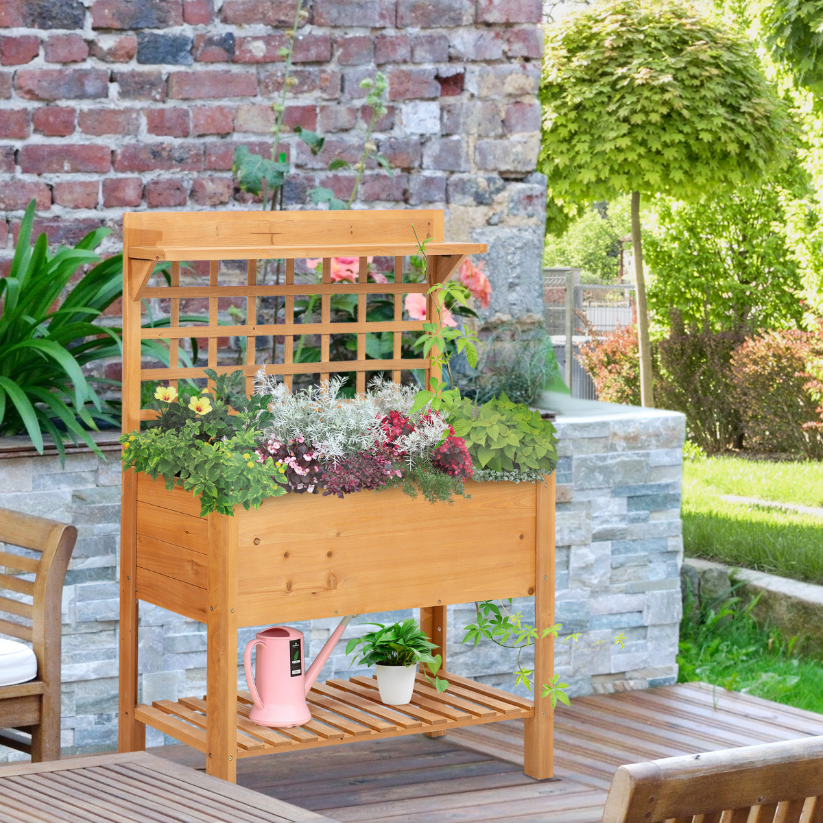 105x40x135cm Wooden Planter Raised Elevated Bed Planter Flower with 2 Shelves