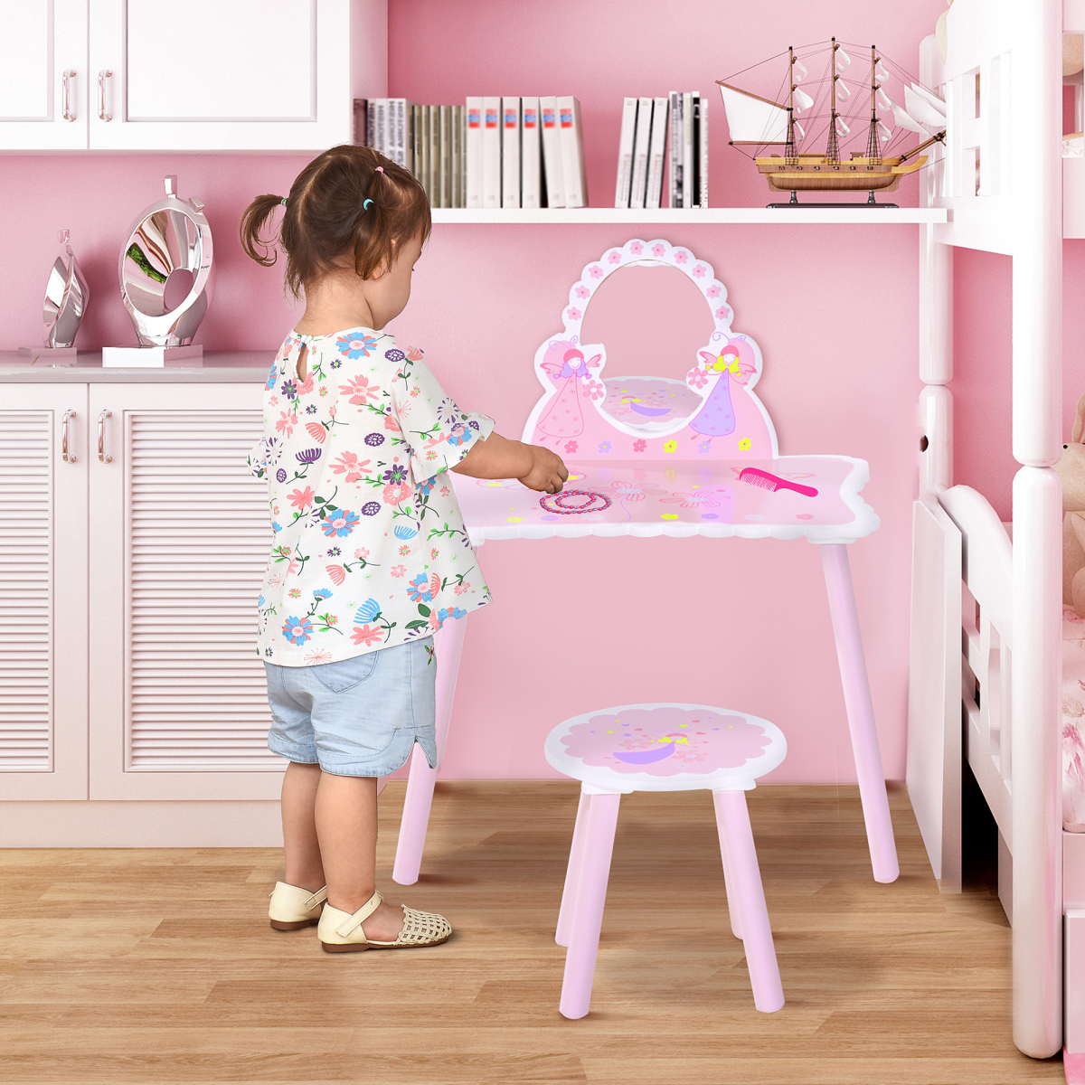 Girls Kids Pink Dressing Table Make Up Play Set Desk Chair Mirror HOMCOM