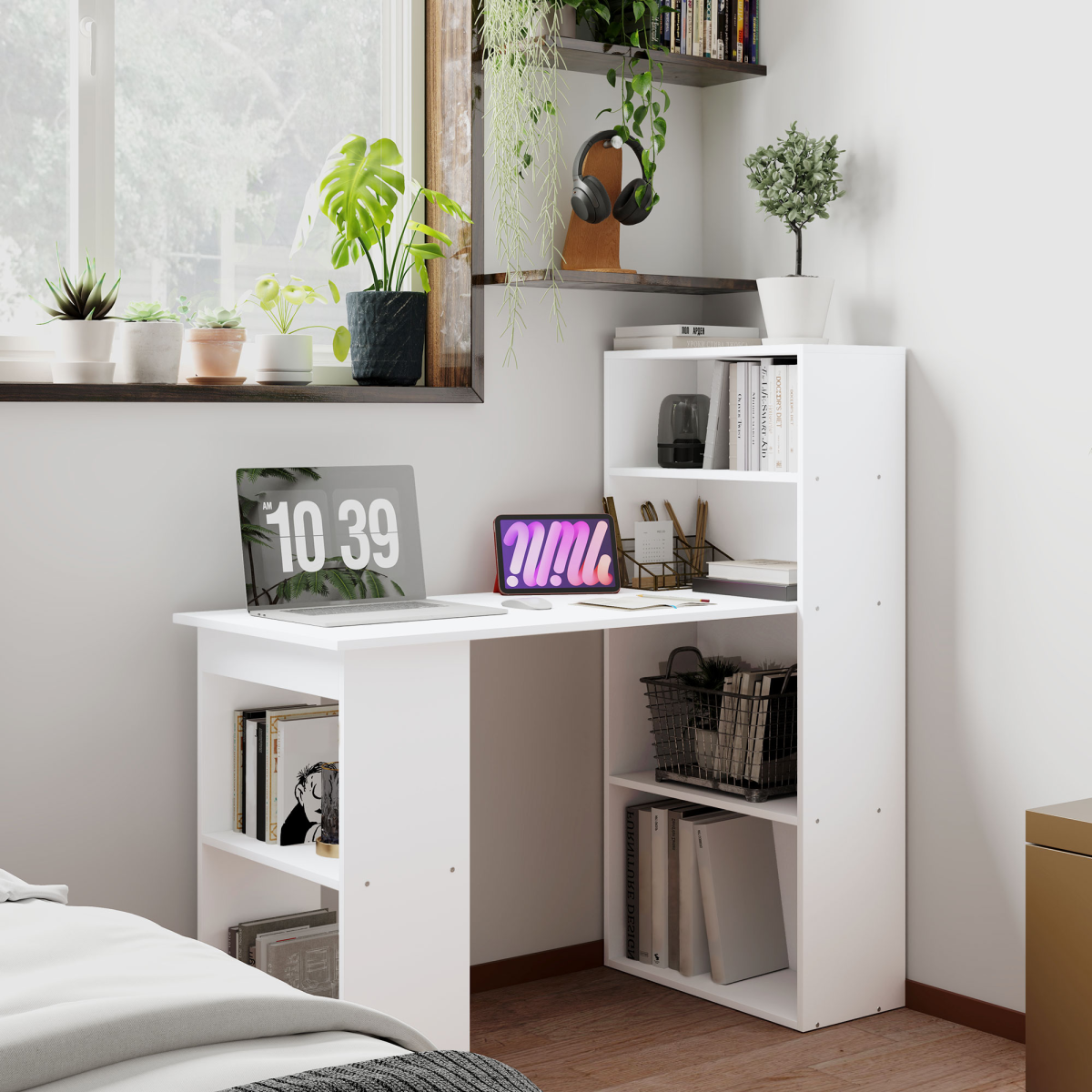 Modern White Computer Desk & Bookshelf Combo – Sleek Workstation Solution