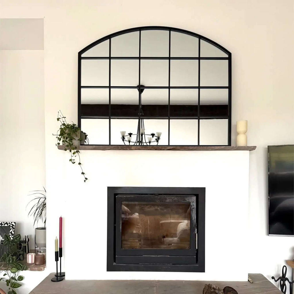 Tomi Black Metal Arched Lattice Window Mirror - Elegant 95cm x 120cm Statement Piece