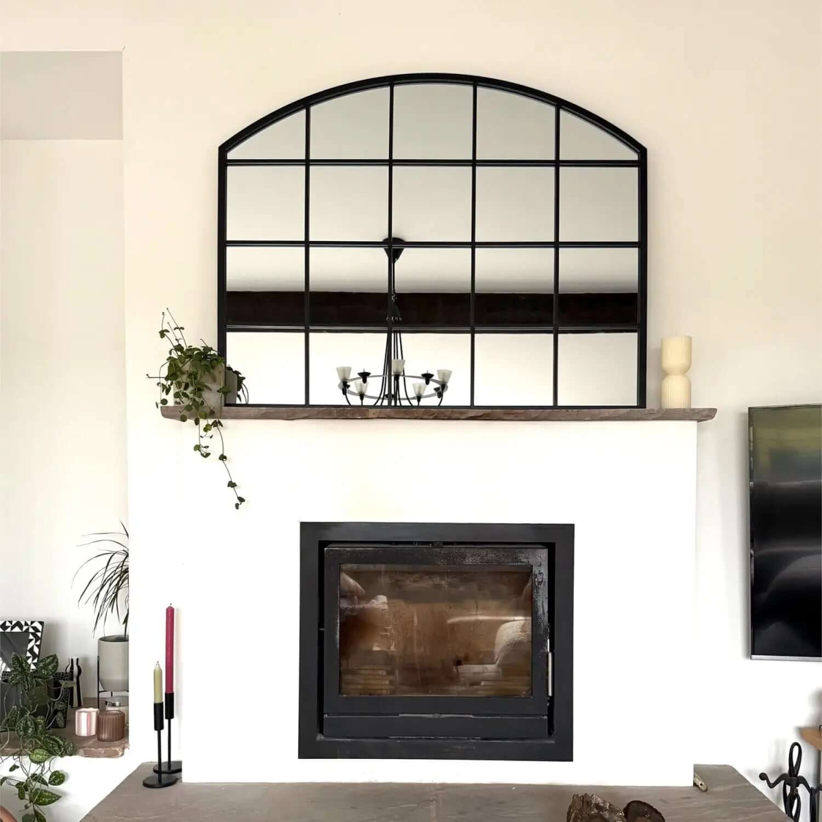 Tomi Black Metal Arched Lattice Window Mirror - Elegant 95cm x 120cm Statement Piece