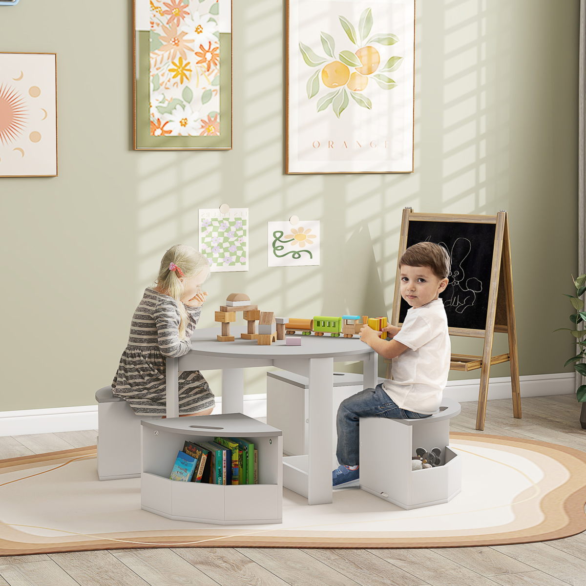 AIYAPLAY 5-Piece Kids Table and Chairs Set w/ Storage for 3-8 Years Old-Grey