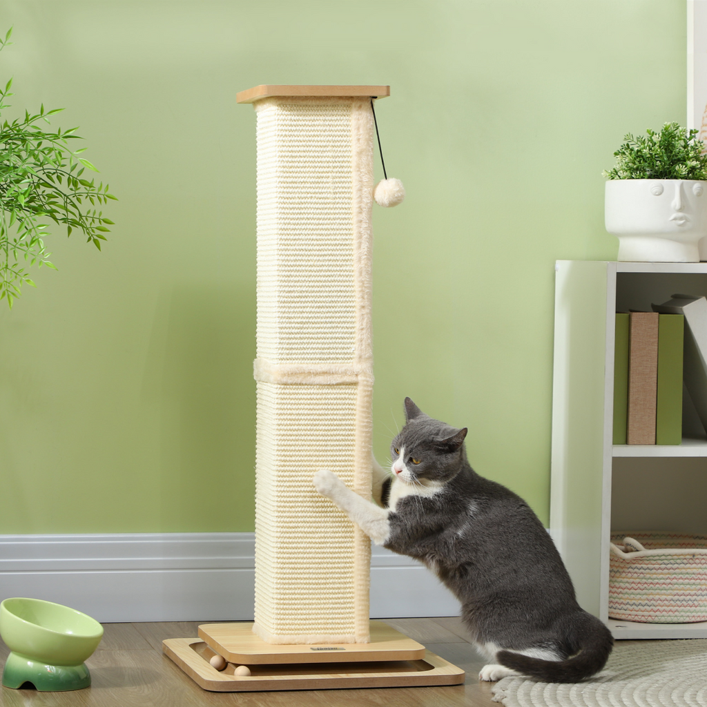 PawHut 87cm Cat Scratching Post 3 in 1 Cat Scratcher w/ Track Ball Toy