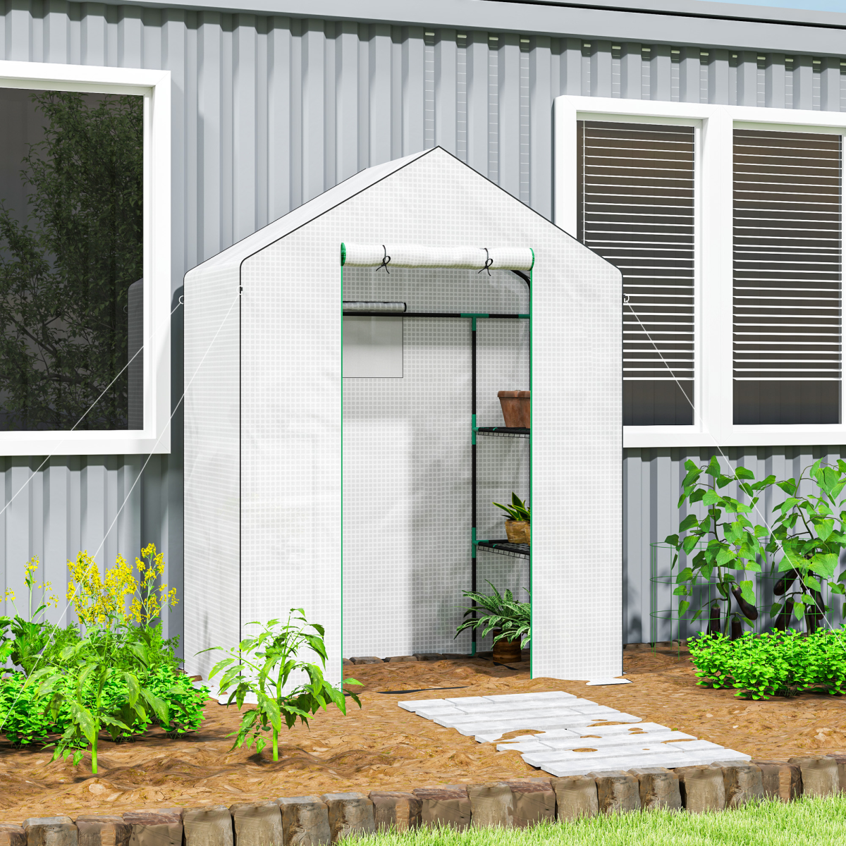 Outsunny Walk-in Greenhouse with 4 Shelves, Outdoor Small Greenhouse, White