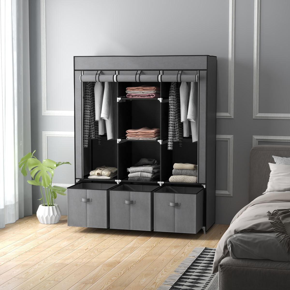 HOMCOM Portable Wardrobe w/ 5 Shelves 3 Fabric Drawers and 2 Hanging Rails Grey
