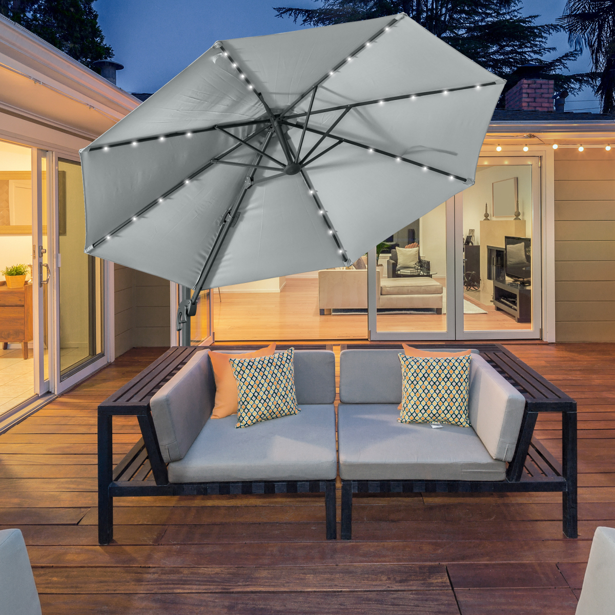 3m Cantilever Roma Parasol Patio Sun Umbrella with LED Solar Light, Grey