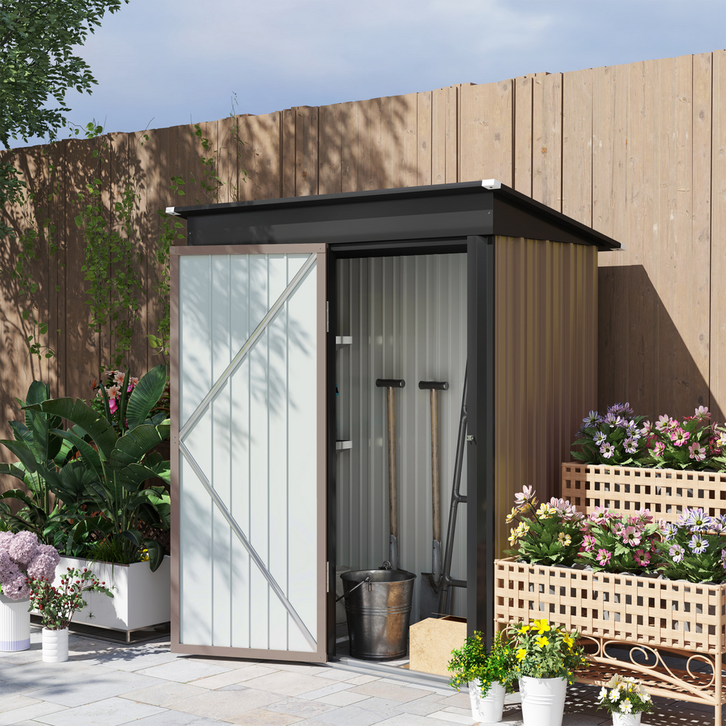 Outsunny Steel Garden Shed, Small Lean-to Shed for Bike, 5x3 ft Brown