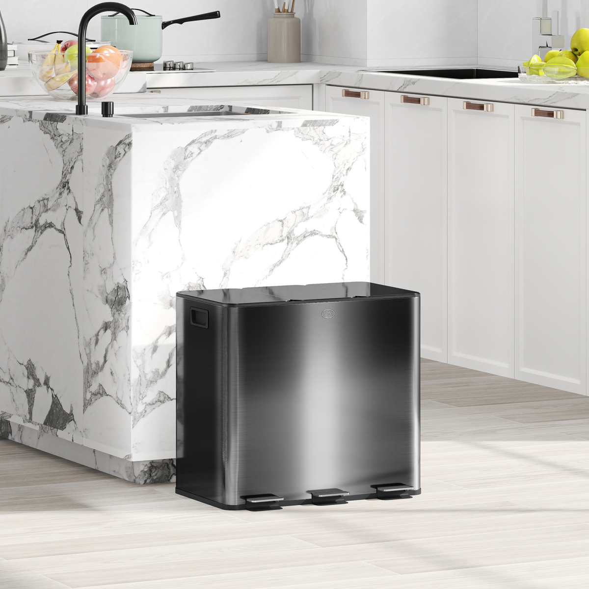 HOMCOM 3 x 15L Triple Kitchen Bin Pedal Bin for Recycling and Waste, Black