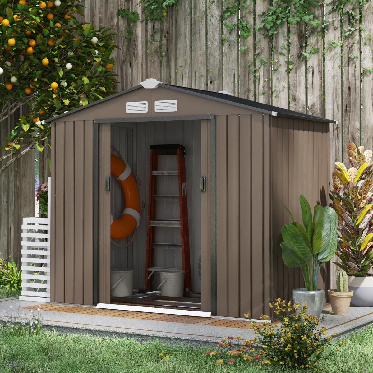 Garden Shed Storage Unit w/Locking Door Floor Foundation Vent Brown
