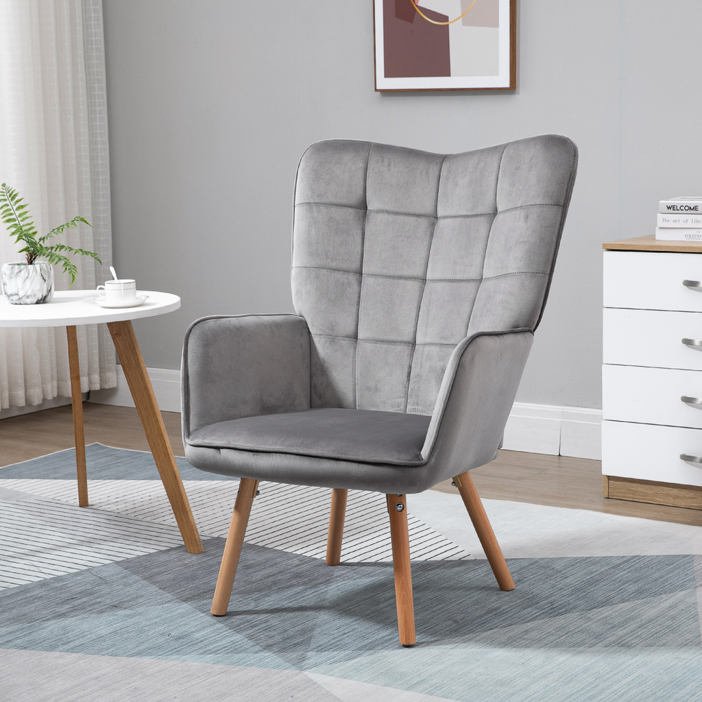 HOMCOM Modern Accent Chair Velvet-Touch Tufted Wingback Armchair Grey