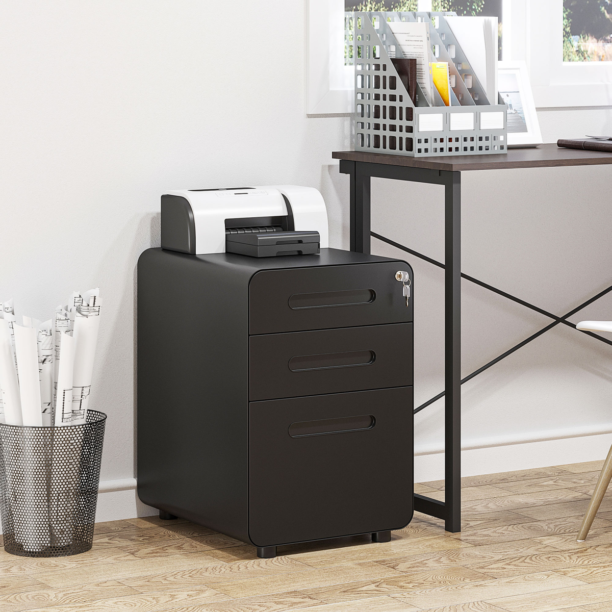 3 Draw Modern Steel Filing Cabinet w/ 4 Wheels Lock Pencil Box Black Vinsetto