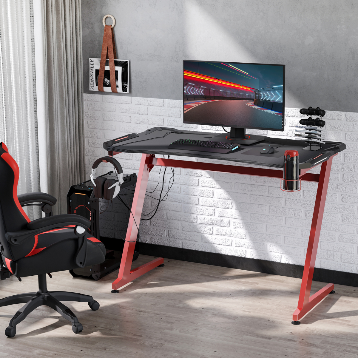 Ultimate Gaming Desk: Organized & Stylish with Cup Holder & Headphone Hook
