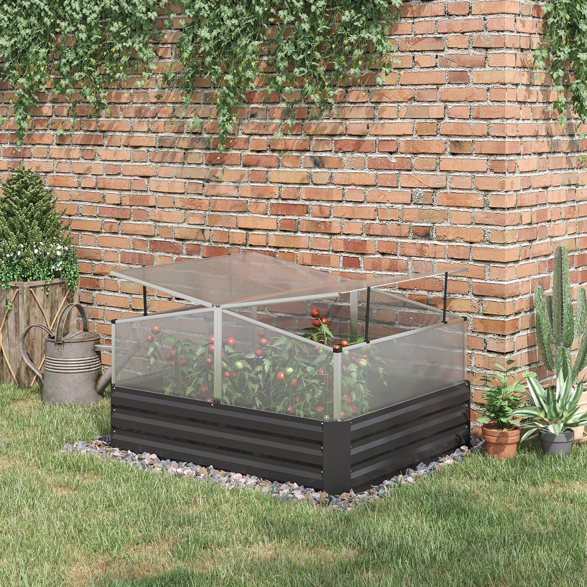 Outsunny Galvanized Raised Garden Bed with Greenhouse Cover - Dark Grey Masterpiece