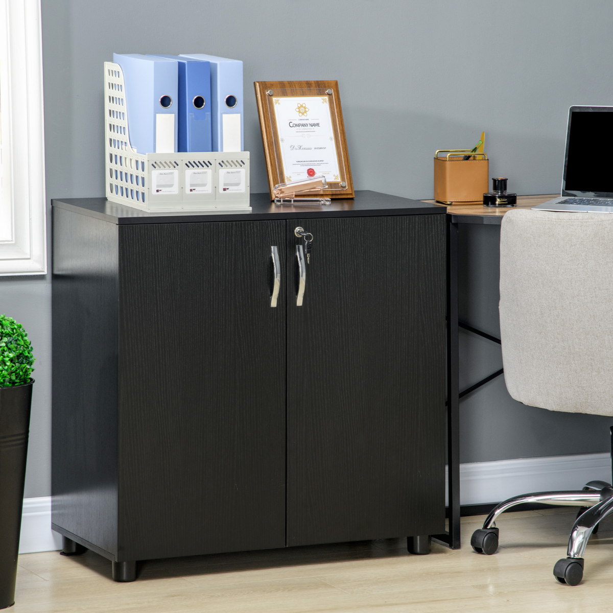 2-Tier Locking Office Storage Cabinet File Organisation w/ 2 Keys Black HOMCOM
