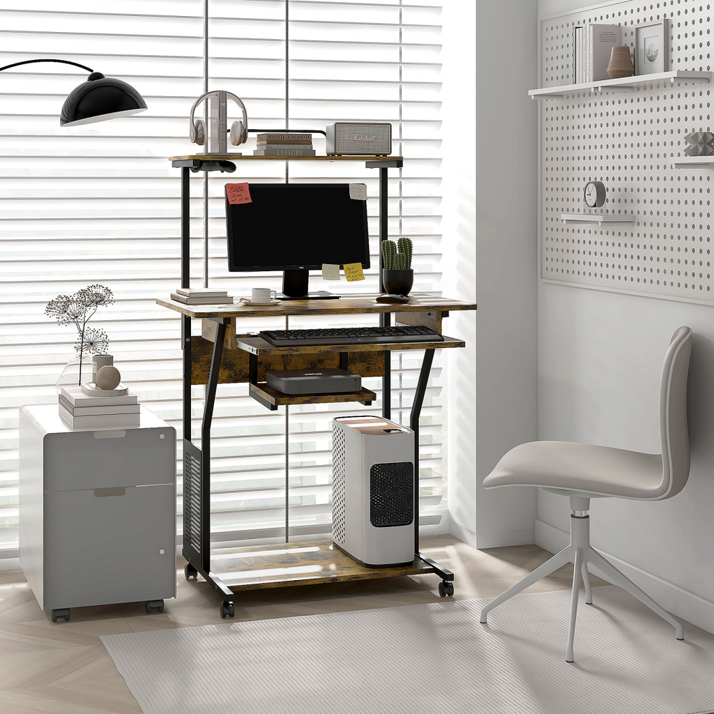 HOMCOM Rustic Brown Rolling Computer Desk with Keyboard Tray & Storage