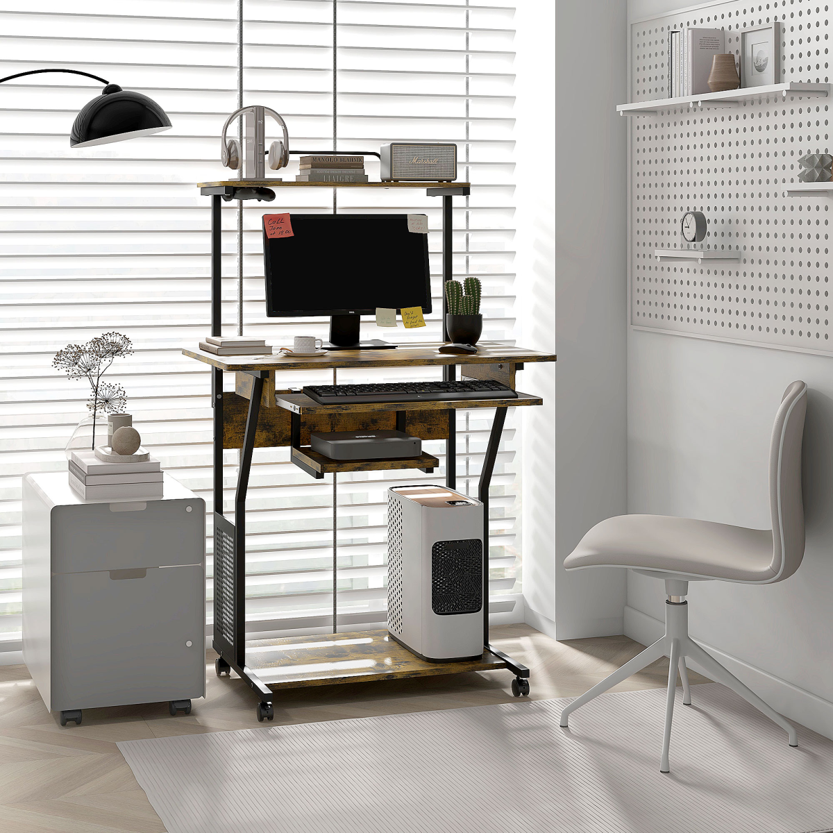 HOMCOM Rustic Brown Rolling Computer Desk with Keyboard Tray & Storage