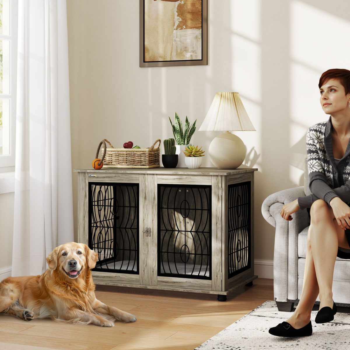 PawHut Dog Crate Furniture, 37" End Table for Large Dogs w/ Cushion