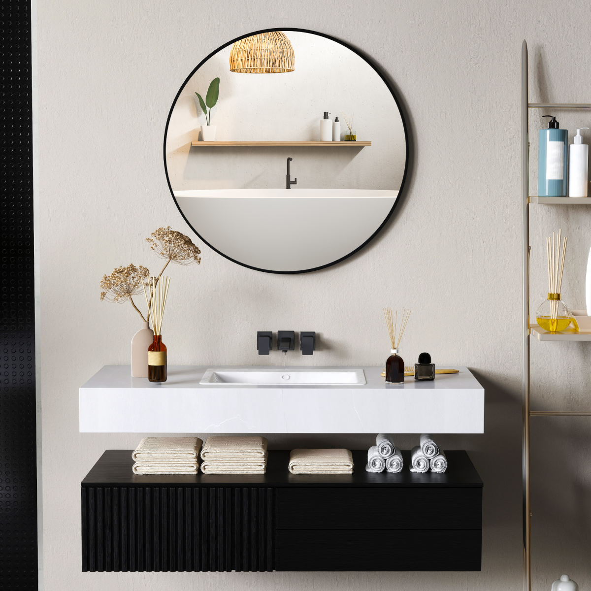HOMCOM Round Bathroom Mirror, Modern Wall Mirror with Steel Frame, Black
