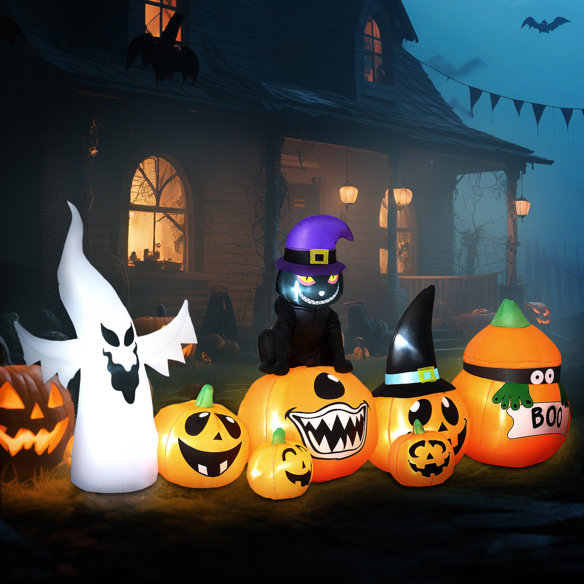 Outsunny 8 FT Blow Up Halloween Inflatables Pumpkin Ghost and Cat Combo