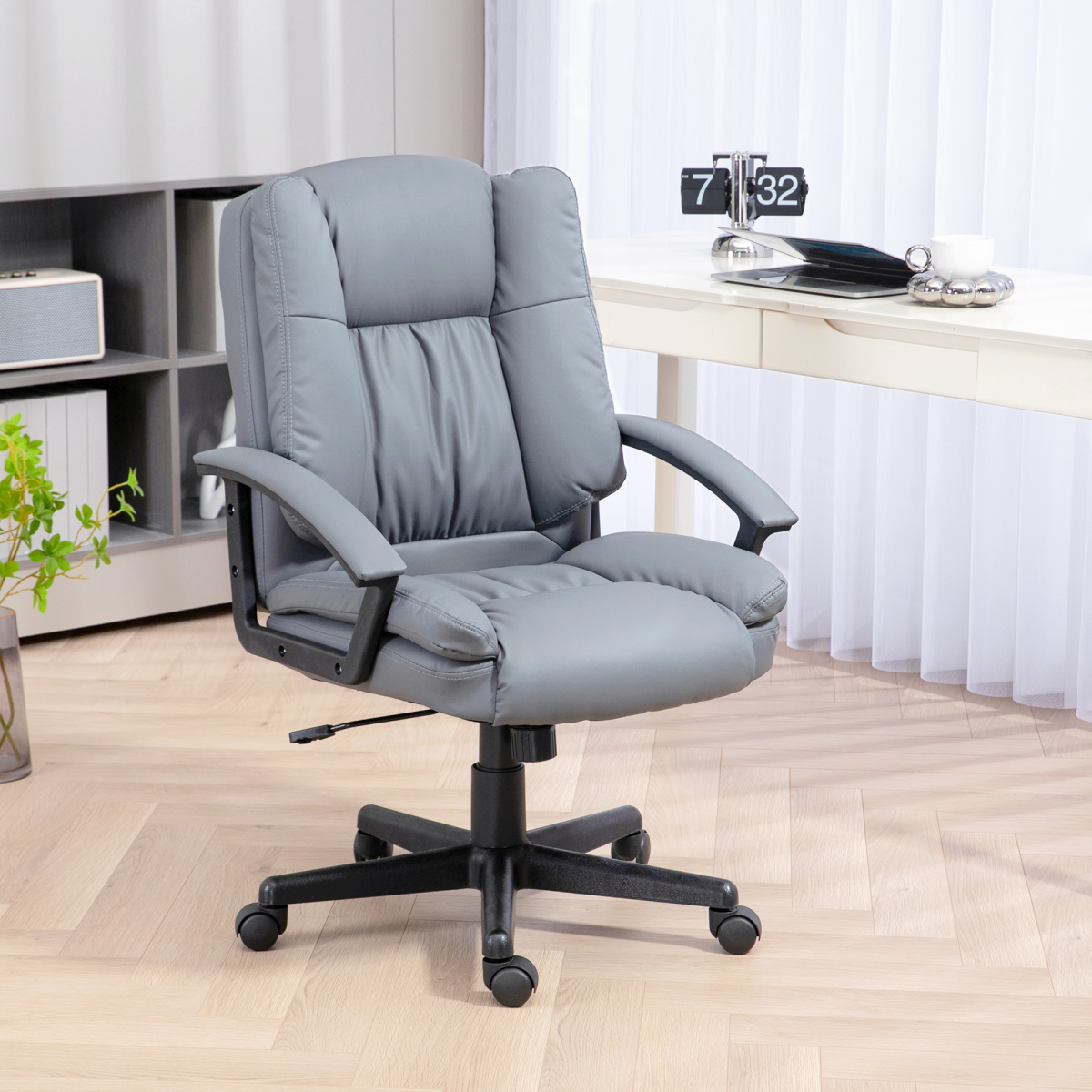 Ergonomic Light Grey Faux Leather Office Chair - Stylish & Comfortable Support