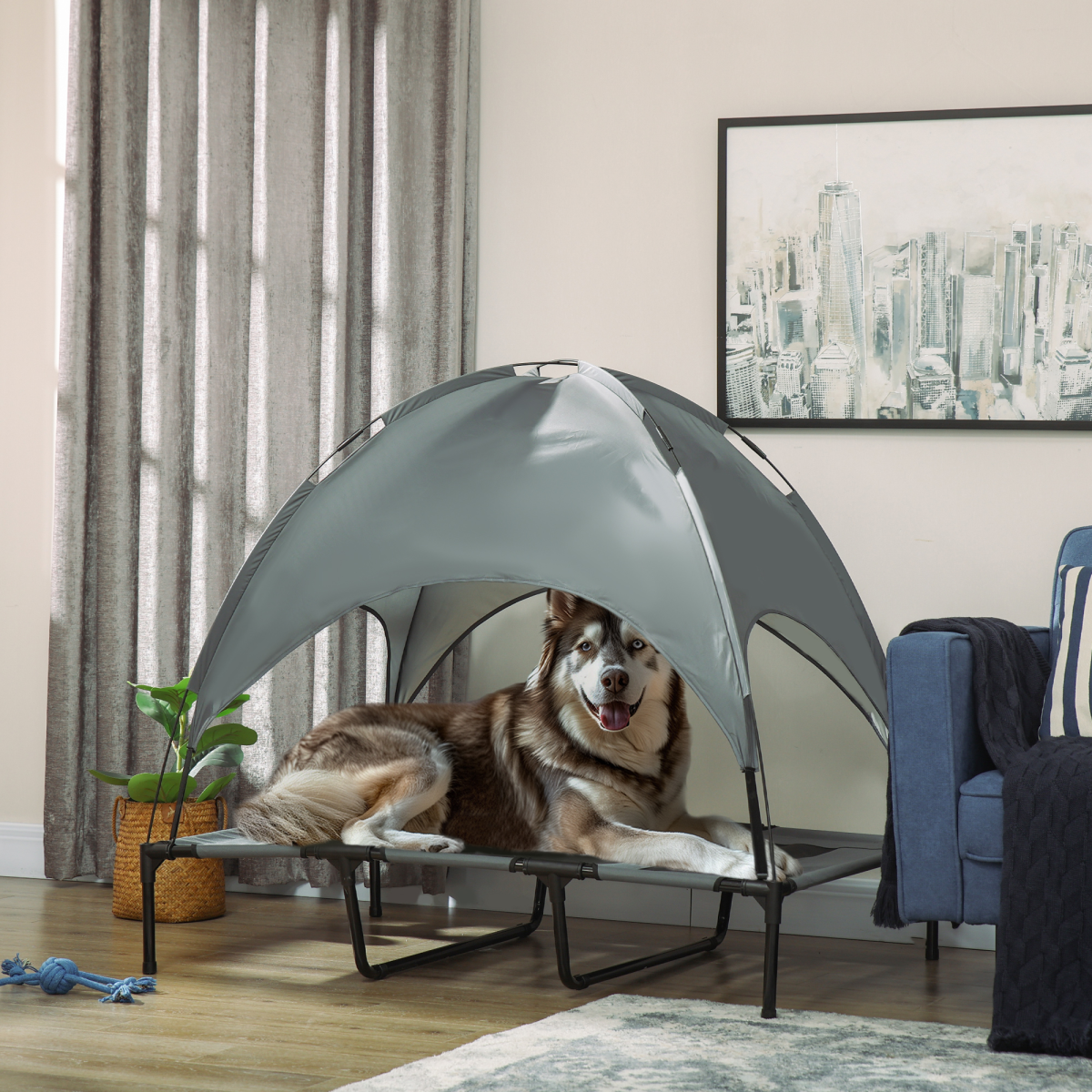 122 cm Elevated Pet Bed Dog Cot Tent with Canopy Instant Shelter Outdoor Grey