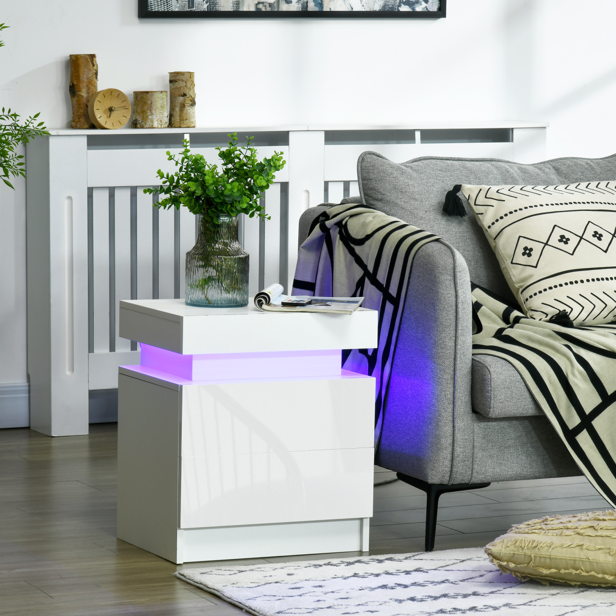 HOMCOM White Bedside Table, High Gloss Front Nightstand w/ LED Light, 2 Drawers