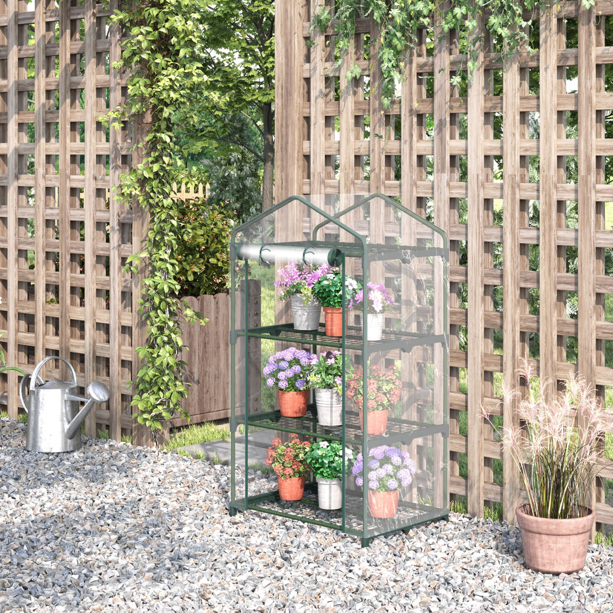 3 Tier Mini Greenhouse Roll Up Door Wire Shelves, 69x49x125cm, Clear