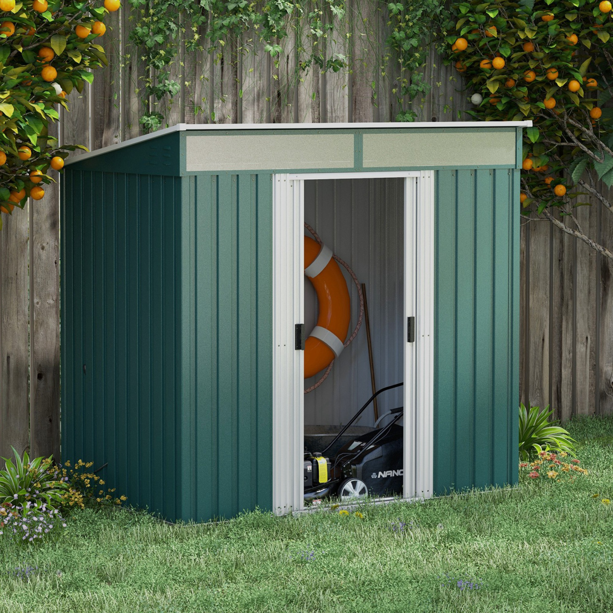 Outsunny 6.5x4FT Garden Shed with Foundation Lockable Metal Tool Shed Green