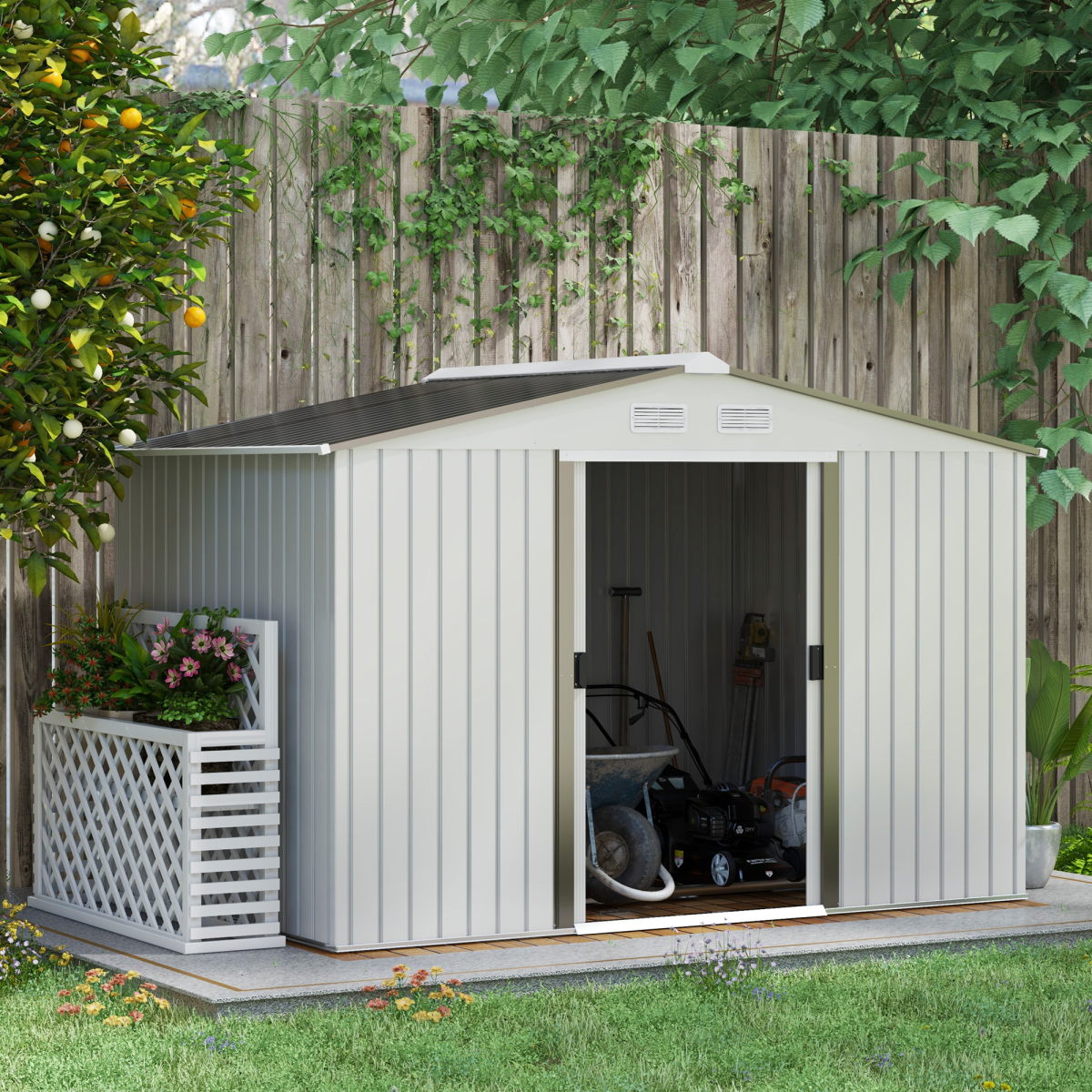 Garden Shed Storage Large Yard Store Sliding Door Metal Roof Tool Box Silver