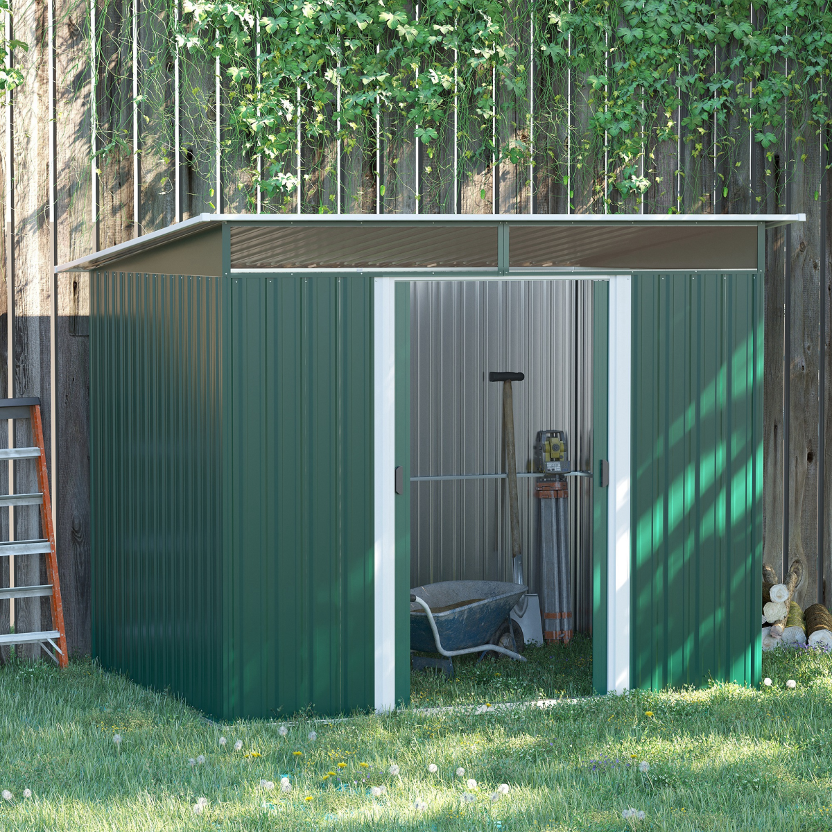 Pent Roofed Metal Garden Shed Foundation and Vent 260x194x200cm Green