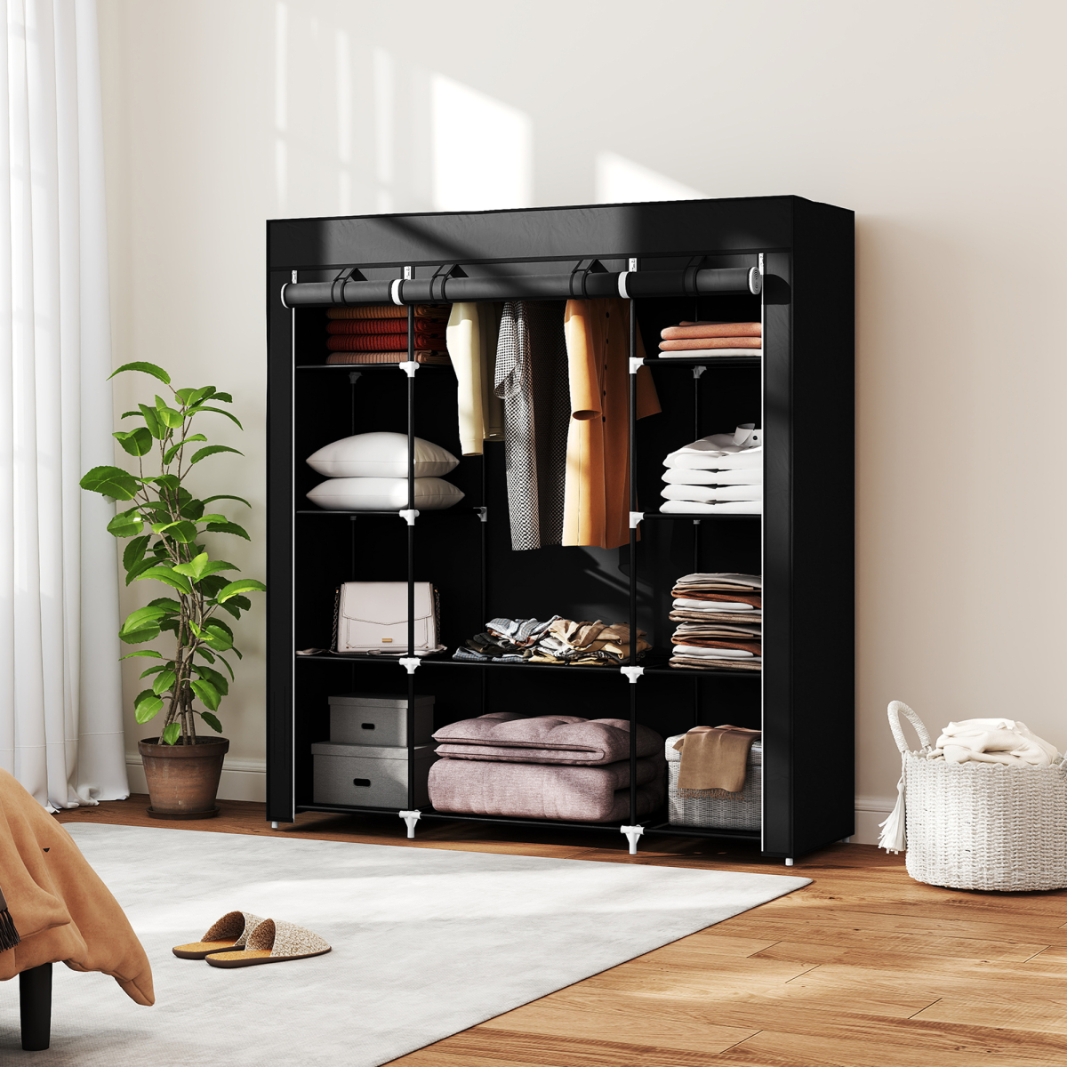 Fabric Wardrobe Portable Wardrobe with 10 Shelves 1 Hanging Rail Black