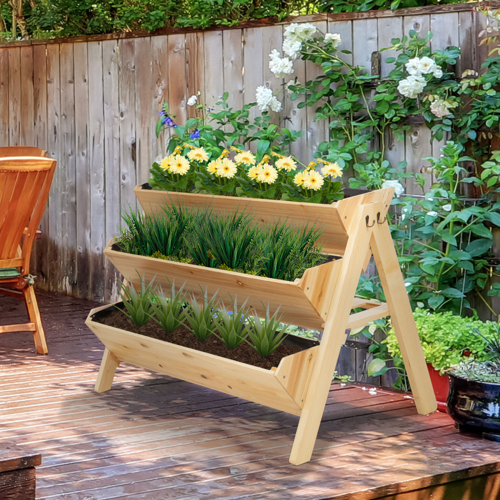 3 Tier Wooden Stand Vertical Plant Bed Storage & Clapboard & Hooks, 120x68x80cm