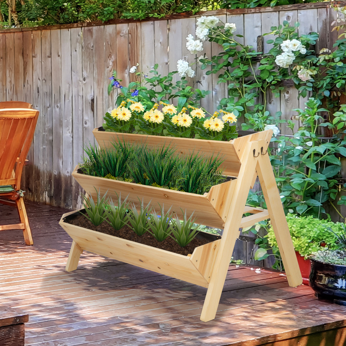 3 Tier Wooden Stand Vertical Plant Bed Storage & Clapboard & Hooks, 120x68x80cm