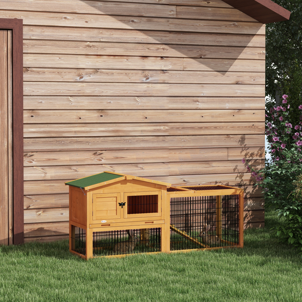 Pawhut Rabbit Hutch Pet House Outdoor Run Design w/ Water-Resistant Paint Ramp