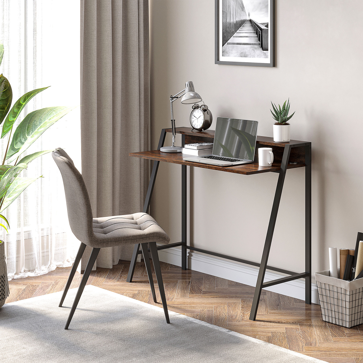 Rustic Brown Writing Desk - Minimalist Computer Workstation with Storage Shelf