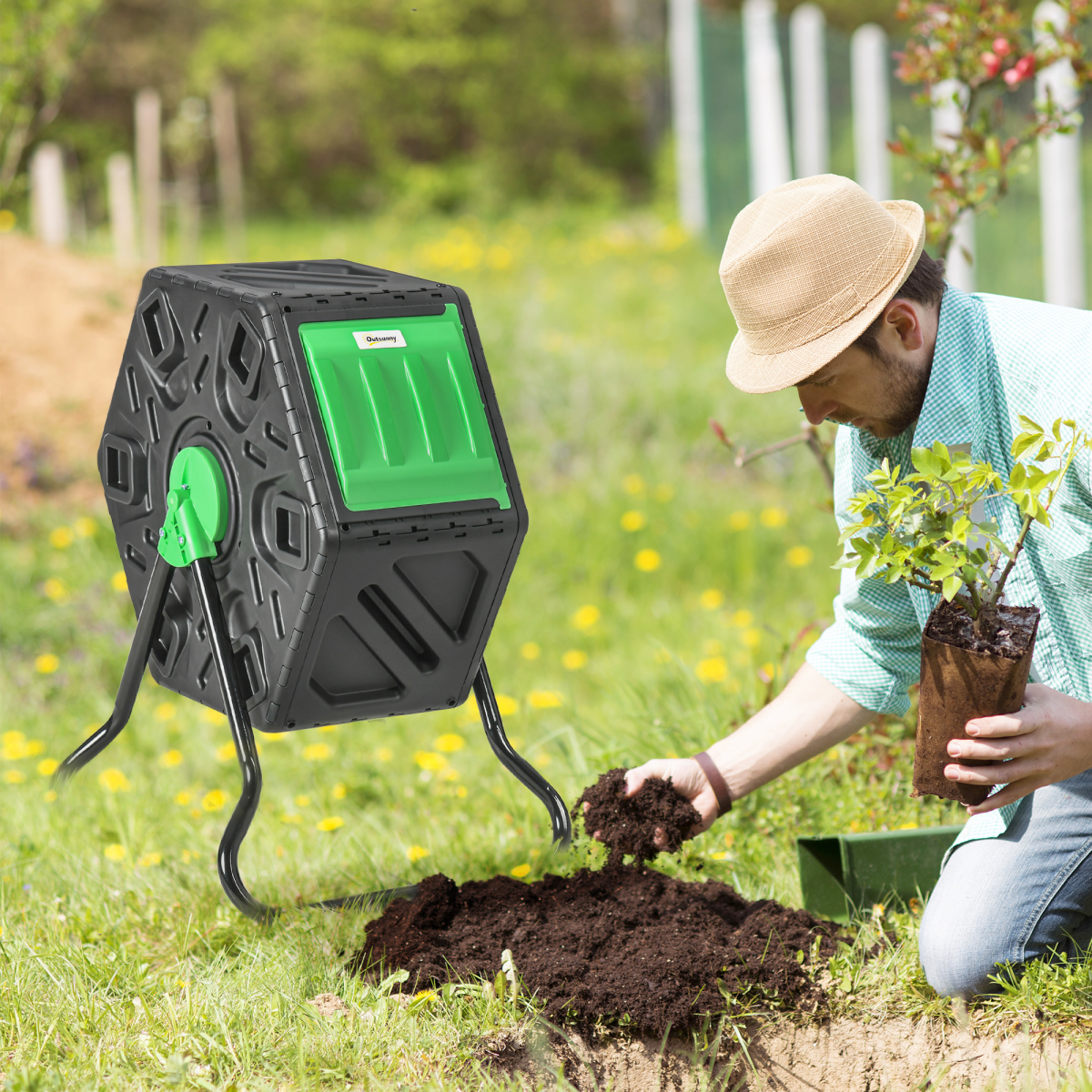 Outsunny 65L Garden Compost Bin, Barrel Rotating Composter with Steel Legs