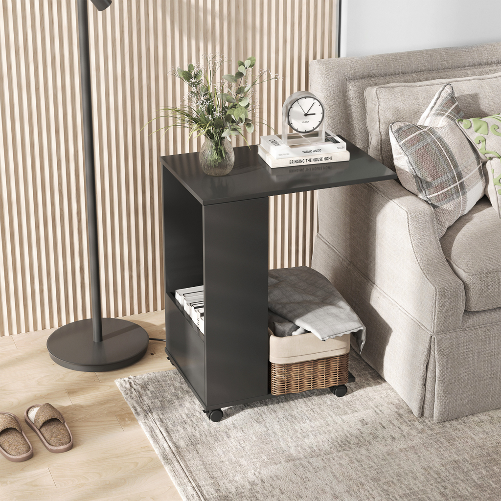 Mobile Sofa Side Table for Laptop Coffee w/ Storage and Casters, Black