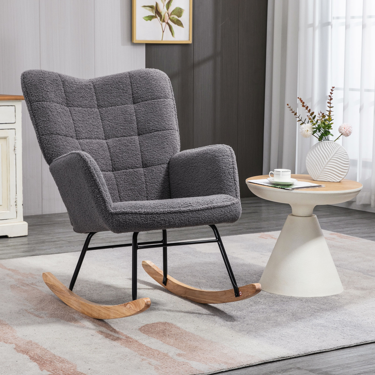 HOMCOM Wingback Rocking Chair for Nursing w/ Steel Frame and Wooden Base Grey