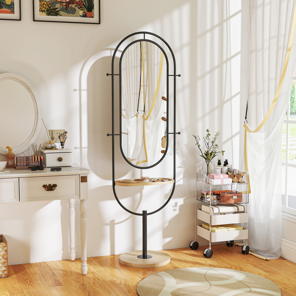 HOMCOM Full Length Mirror, Free Standing Mirror with Tray and Hooks, Black