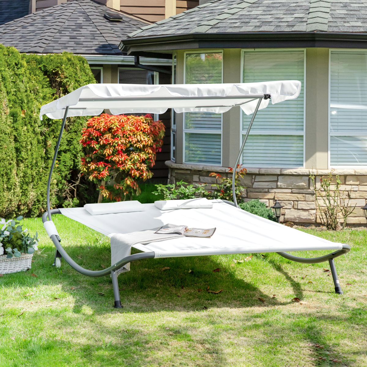 Double Hammock Sun Lounger Bed Canopy Shelter Wheels 2 Pillows Cream White