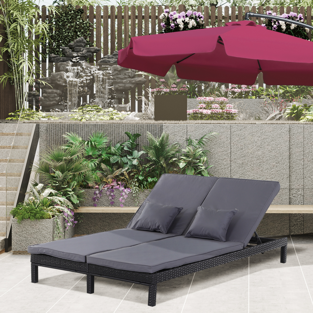 2 Seater Rattan Lounger  Adjustable  Cushions Black