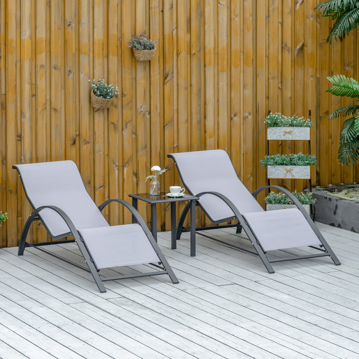3Pc Garden Recliner Sunbathing Chair with Table, Light Grey
