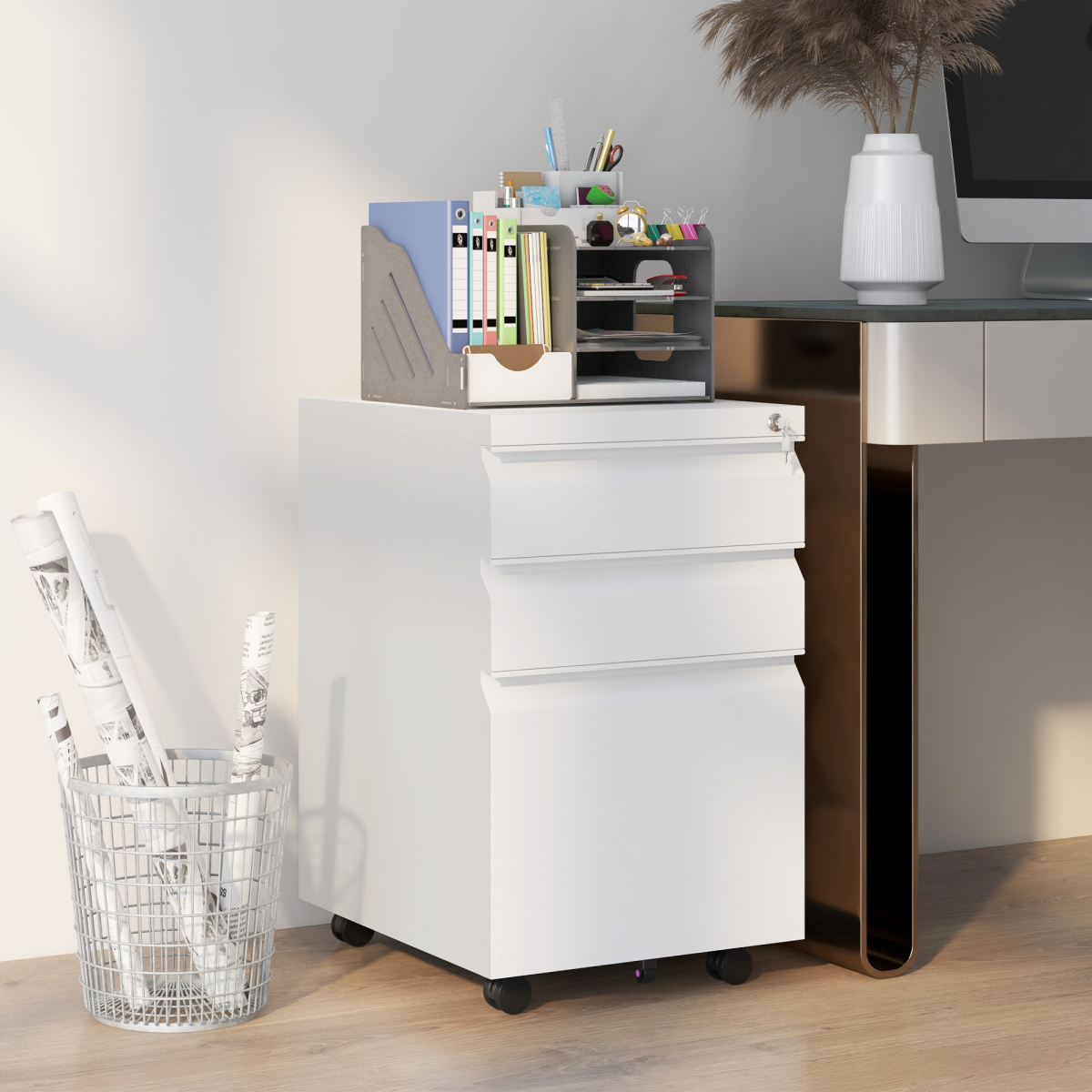 Secure Rolling File Storage Cabinet - Compact Steel, Locking Drawers, Mobile Design