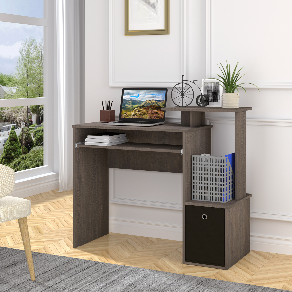 Unique Grey Computer Desk with Sliding Tray & Hidden Storage Solutions