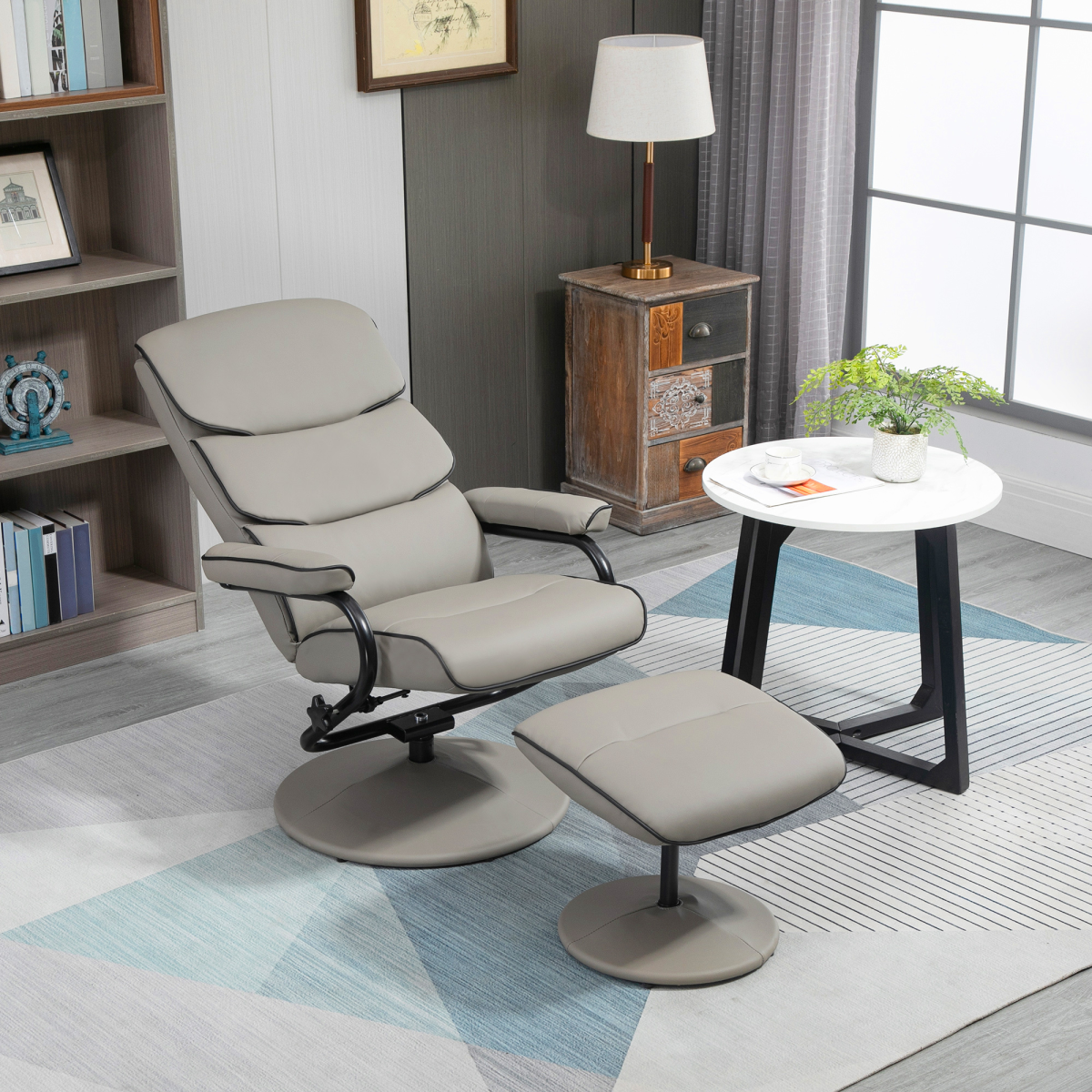 Faux Leather Recliner Chair w/ Ottoman, 135� Adjustable Backrest & Thick Padding