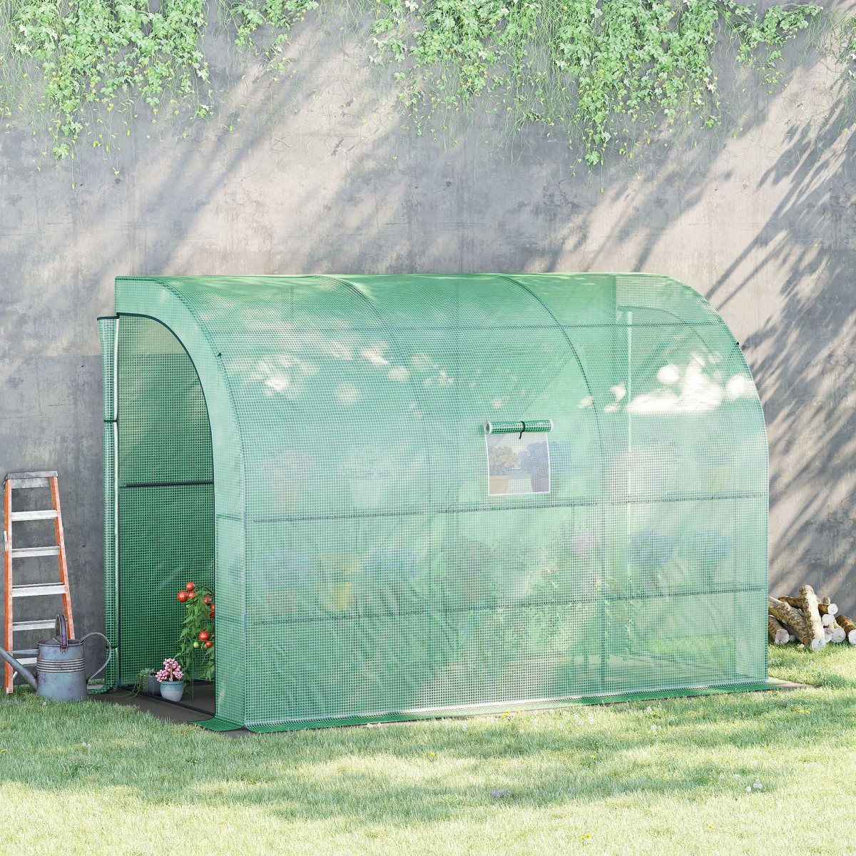 Outsunny 300cm Walk-In Greenhouse with PE Cover & 3-Tier Shelving - Green