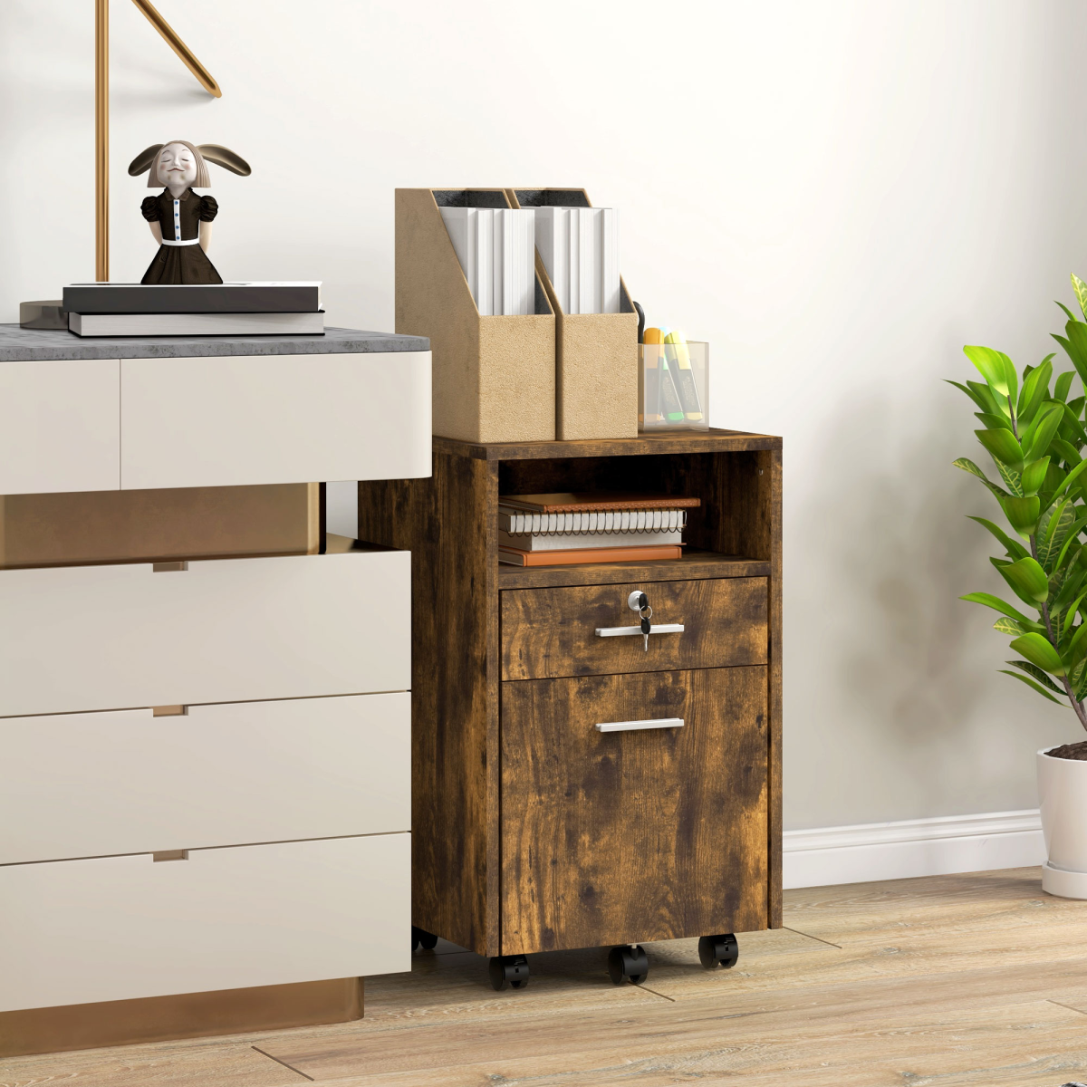 Vinsetto Rustic Mobile File Cabinet - Lockable, Wheeled & Stylish Storage Solution