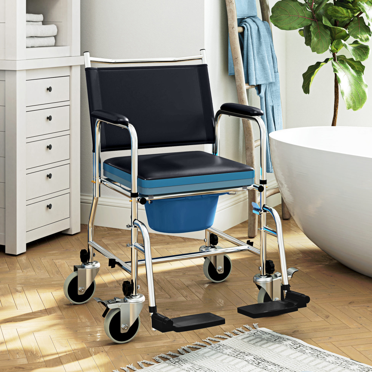 Versatile Commode Shower Chair Wheelchair with Footrest for Comfort